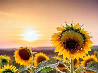 Sunflowers: The Bright and Joyful Flowers that Grow Tall and Many in the Golden Landscape of Nature, Creating a Spectacle of Harmony, Beauty, and Romance at Sunset