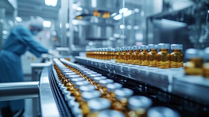 Pharmaceutical facility with automated production line of vaccines and liquid medicines. Row of sterile vaccine vials on a conveyor belt. Pharmaceuticals, medicine, vaccination, automated technology.