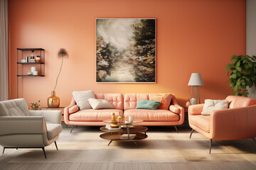 Modern living room interior design in peach fuzz colors. Living room decoration with peach colors, Peach fuzz color, with copy space. color of the year 2024 concept, living room interior design