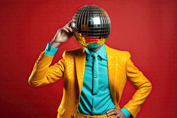 80's Fashionable Man in Yellow Suit with Disco Ball Head on Red Background