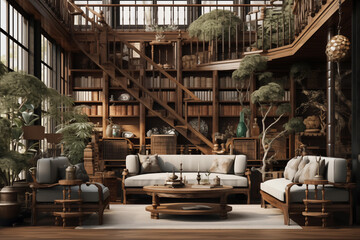 Fototapeta premium Interior design of a modern living room with rustic furniture in a farmhouse. white round sofa and two sofa chair and round coffee table and indoor plants, interior design 