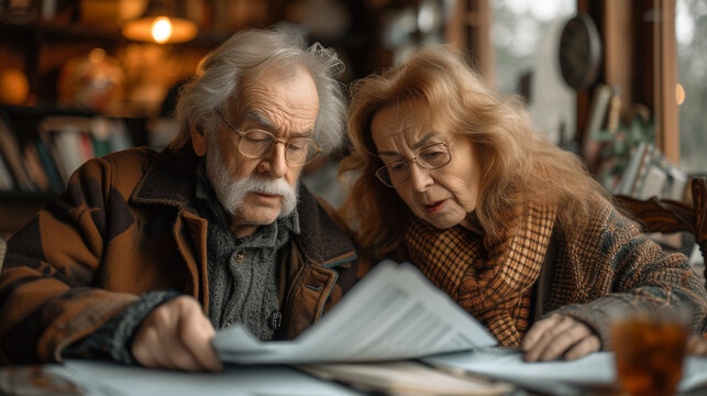 Elderly Couple Doing Taxes At Home, Stressed Frustrated Tax Paperwork