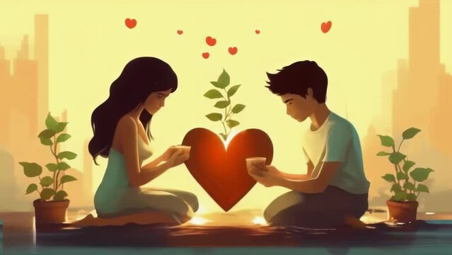 Slowly moving light on the silhouette of a boy and girl kneeling opposite each other at the Red Heart and Potted Plants. The heart as a symbol of affection and love.