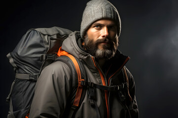 portrait of a fashionable bearded male traveler in tourist clothes