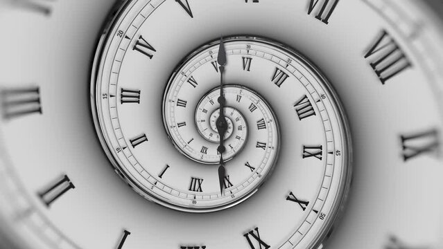 Abstract modern white spiral clock dial with roman numerals. Concept of Infinite time, deadline, scheduling, time and space, past, present and future.