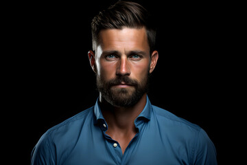 Fototapeta premium portrait of a fashionable bearded man in a blue shirt on a dark background