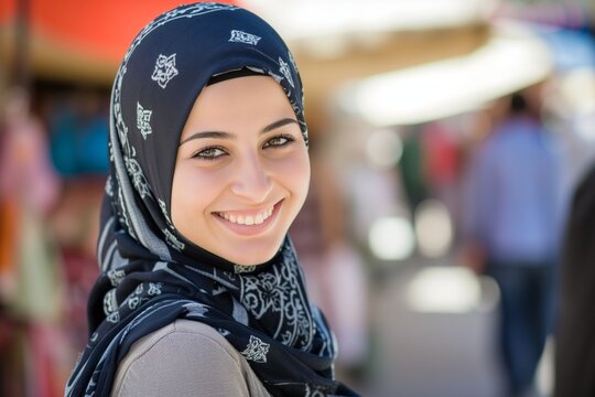pretty, beautiful, very attractive middle eastern young woman looking at the camera posing at an Arab city outdoors market