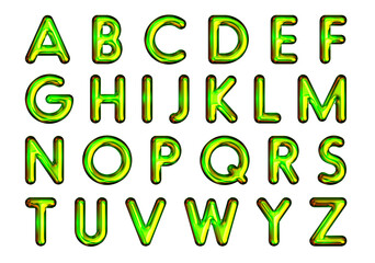 golden alphabet and gold uppercase letters. ABCDEFG... Gold and green colors to simulate metallic gold