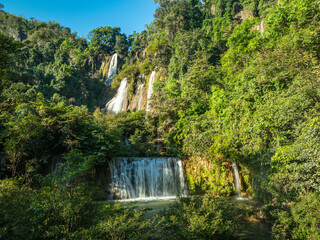 Aerial View The most beautiful waterfalls in Thailand..Thi Lo Su Waterfall The Largest Waterfall in Thailand.Thi Lo Su Waterfall stands tall as a hidden gem within Umphang Wildlife Sanctuary.