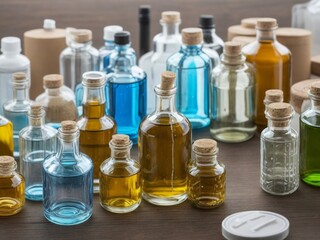 glass bottles with colored liquid