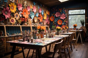 Arts, crafts party concept.  interior of room is decorated for creative activities with children with table , chairs and flowers from paper.