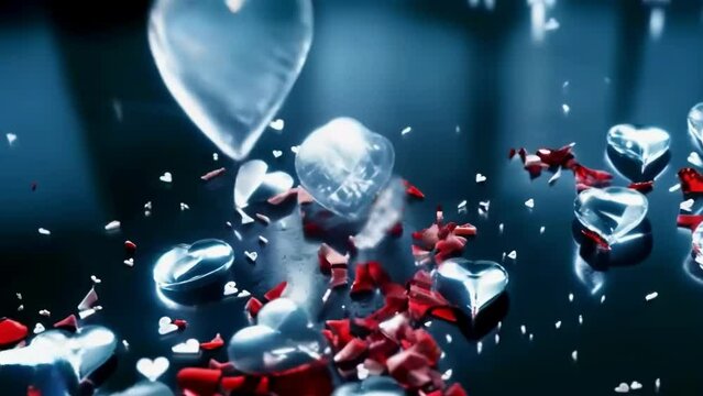 Falling moving silver and red hundreds of lying hearts. The heart as a symbol of affection and love.