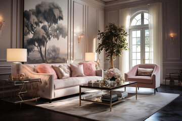 Modern living room interior design in peach fuzz colors. Living room decoration with peach colors, Peach fuzz color, with night view. color of the year 2024 concept, living room interior design