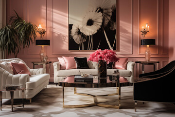 Modern living room interior design in peach fuzz colors. Living room decoration with peach colors, Peach fuzz color, with blakish theme. color of the year 2024 concept, living room interior design