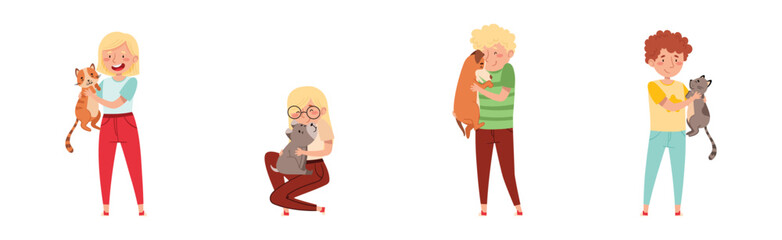 People Pet Owner with Domestic Animal Vector Set