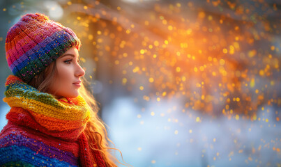 portrait of a woman in a winter rainbow hat