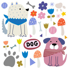 Naklejka premium Funny two dog, colorful flat illustration. Cute doggies and additional design elements, flowers.