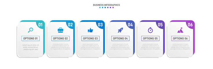 Timeline infographic with infochart. Modern presentation template with 6 spets for business process. Website template on white background for concept modern design. Horizontal layout.