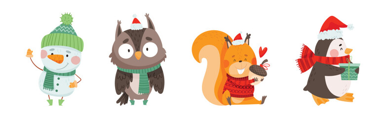 Funny Christmas Character with Snowman, Owl, Squirrel and Penguin Vector Set