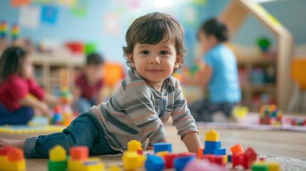 Preschool children play educational toys with cubes in the classroom