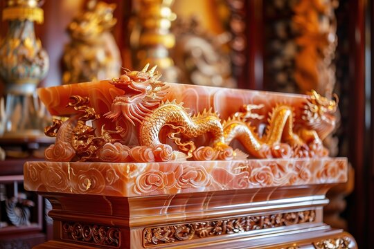 Soaring, ornate podium carved from red jade, decorated with golden dragon motifs.