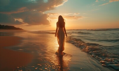 Fototapeta premium a girl in a dress walking on a beach