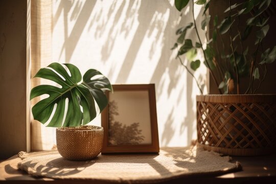 mockup of a wooden picture frame on wicker, with monstera in full sunshine