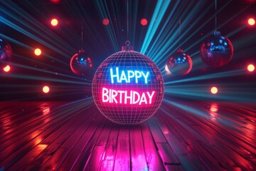Happy Birthday neon sign on a disco ball Generative AI