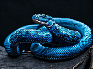 blue viper snake on a branch, black background - Powered by Adobe