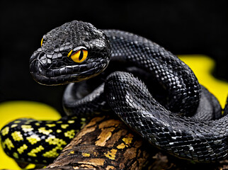 black viper snake on a branch, yellow eyes black background
