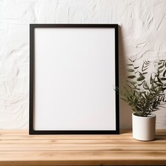 blank black poster frame on light wooden floor, empty picture frame mockup, blank vertical frame