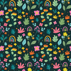 Folk floral seamless pattern. Cute romantic wildflowers pattern on green background. Spring flowers pattern. Ditsy floral print