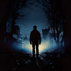 Silhouette of a young men walking home alone at night , scared of stalker and being assault , insecurity concept