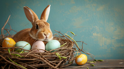 Rabbit Sitting in Nest With Eggs