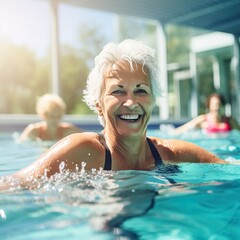 Fototapeta premium Active mature women enjoying aqua gym class in a pool, healthy retired lifestyle with seniors doing aqua fit sport