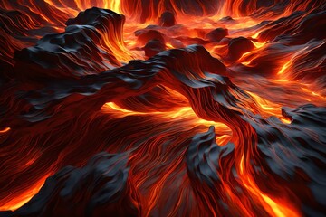 A 3D visualization of flowing lava, with glowing red and orange textures and dynamic movement