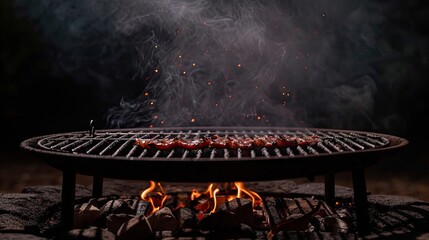 stage for outdoor cooking with fired barbecue on a black background. - obrazy, fototapety, plakaty