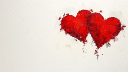 Two red hearts painted on a white stone wall. Graffiti style. Space for text. Template for invitation.