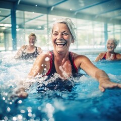 Fototapeta premium Active mature women enjoying aqua gym class in a pool, healthy retired lifestyle with seniors doing aqua fit sport