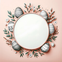round frame with drawn Easter eggs and green branch around and empty white center isolated on pastel pink background