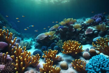 Fototapeta na wymiar A realistic 3D render of a coral reef with vibrant marine life and detailed textures