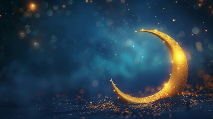 Shining crescent moon that marks the beginning of ramadan, fasting month. Islamic religious celebration - Ramadan Kareen - concept. Muslim holiday - obrazy, fototapety, plakaty