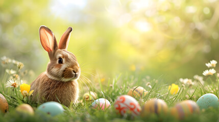 Fototapeta na wymiar Rabbit Sitting in Grass Near Eggs