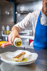 Chef cocina lomo de merluza a la plancha con judías verdes verdinas guisadas en un plato blanco de loza de un restaurante