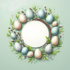 round frame with drawn Easter eggs and green branch around and empty white center isolated on pastel green background