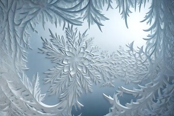 A 3D image of a frosted glass window, with intricate ice patterns and a wintry feel