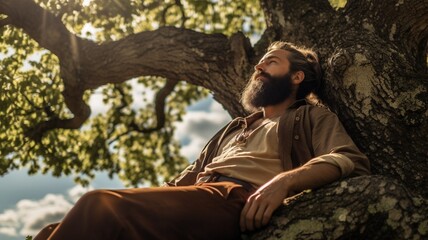 Handsome bearded man sitting under tree photography, ultra HD wallpaper image