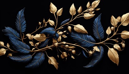 Black and gold foliage background with gold leaves, luxury 3d background template