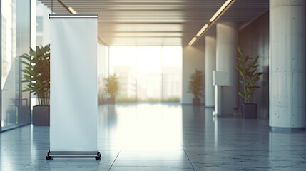 brand with a mockup of a roll-up standee banner in an office hall.