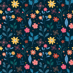 Cute floral seamless pattern. Cute romantic wildflowers pattern on blue background. Spring flowers pattern. Ditsy floral print